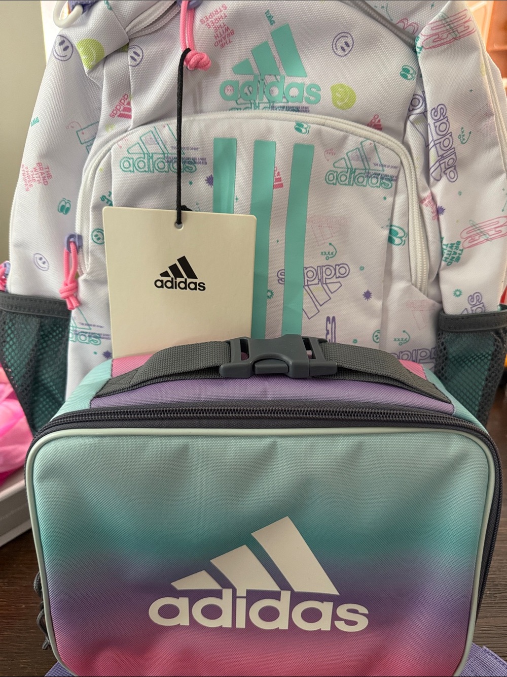 adidas Kids Backpack in White with Mint and Purple Accents
